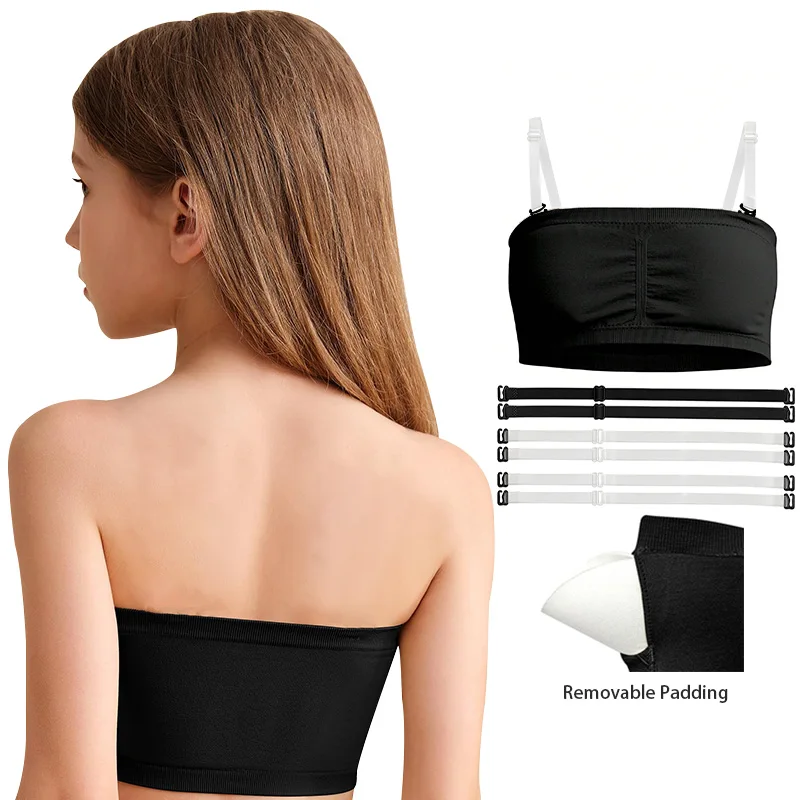 Youth Ballet Dance Bandeau Bra with Clear Straps and Chest Pads - Nude Seamless Design (2-Pack)
