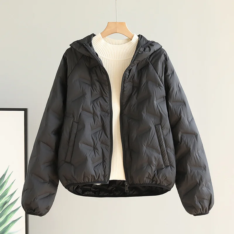 

2023 Winter New Small Light Embossed Hooded down Jacket Female White Duck down Loose Short Coat