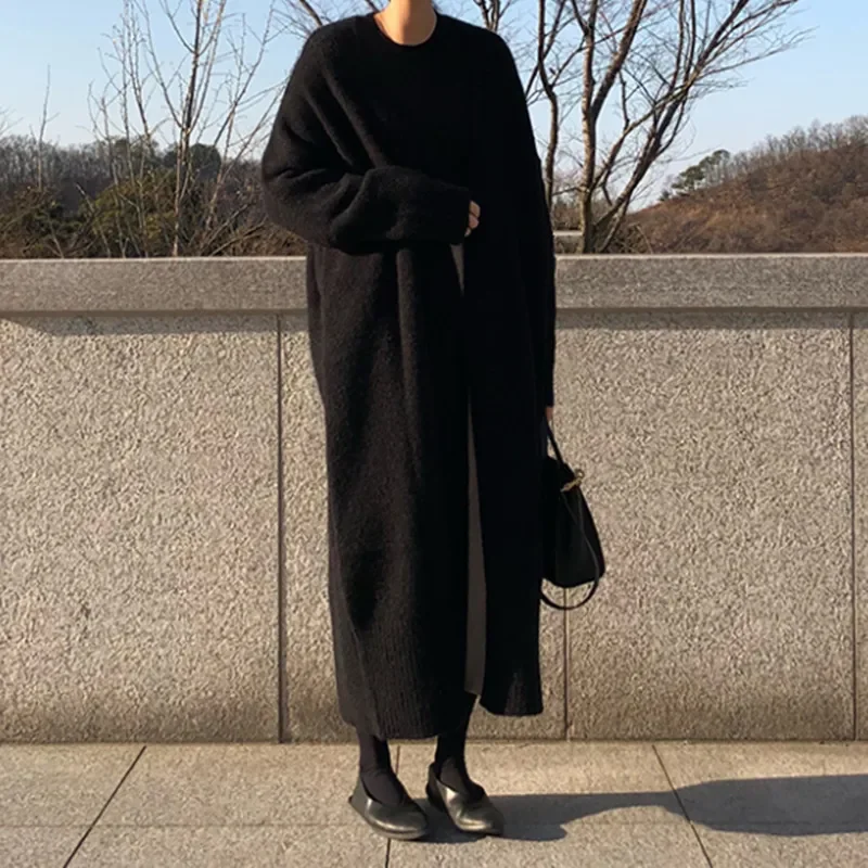여성용 우아한 롱 가디건, 그레이 블랙, 느슨한 골지 니트, 오버사이즈 스웨터, 패션 코트, 2023 가을 겨울, 신상