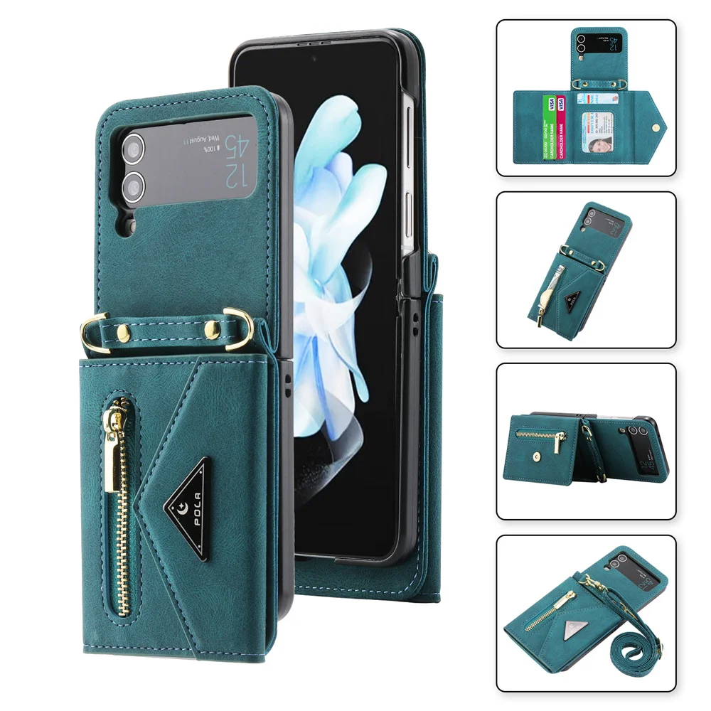 

Long Strap Crossbody Folding Wallet Case for Galaxy Z Flip 5/Z Flip 4/Z Flip 3 Expandable Card Slots Holder Phone Bag Hinge Case