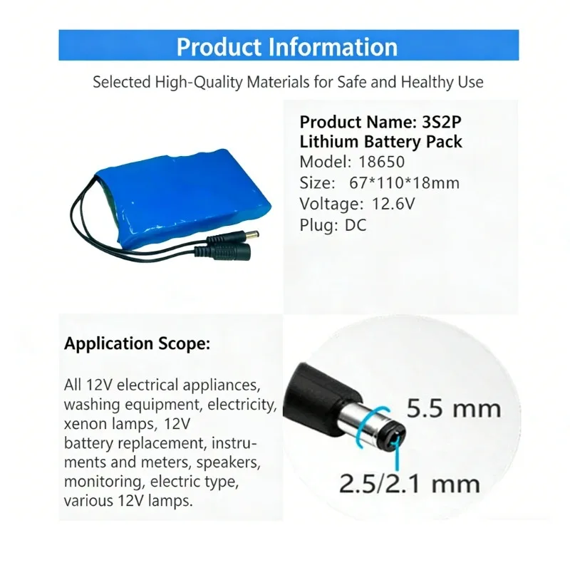 12V 15000mAh 3S2P 18650 Lithium Battery Pack with 1A Charger Portable Rechargeab