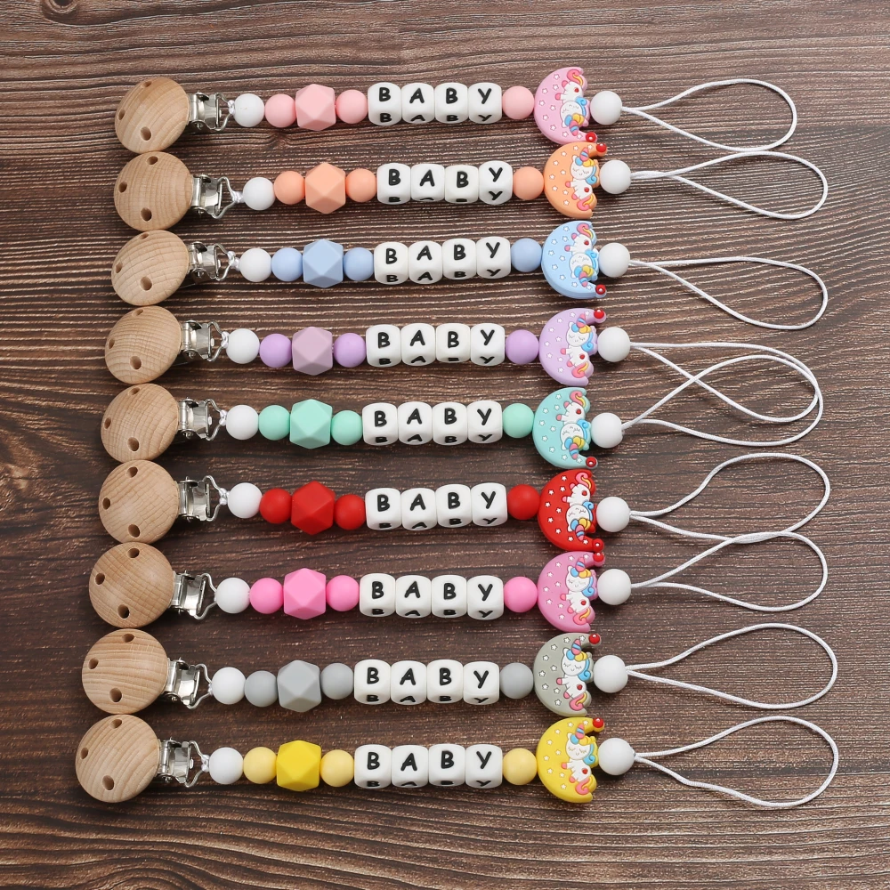 

Baby Wood Pacifier Clips Handmade Personalize Name Nipple Chain For Silicone Cartoon Moon Baby Dummy Holder Clip Shower Gift