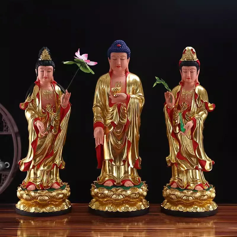 The Western Three Saints' Amitabha Statue for Worship, Guanyin Avalokitesvara Bodhisattva, Great Strength Resin Buddha, 12in