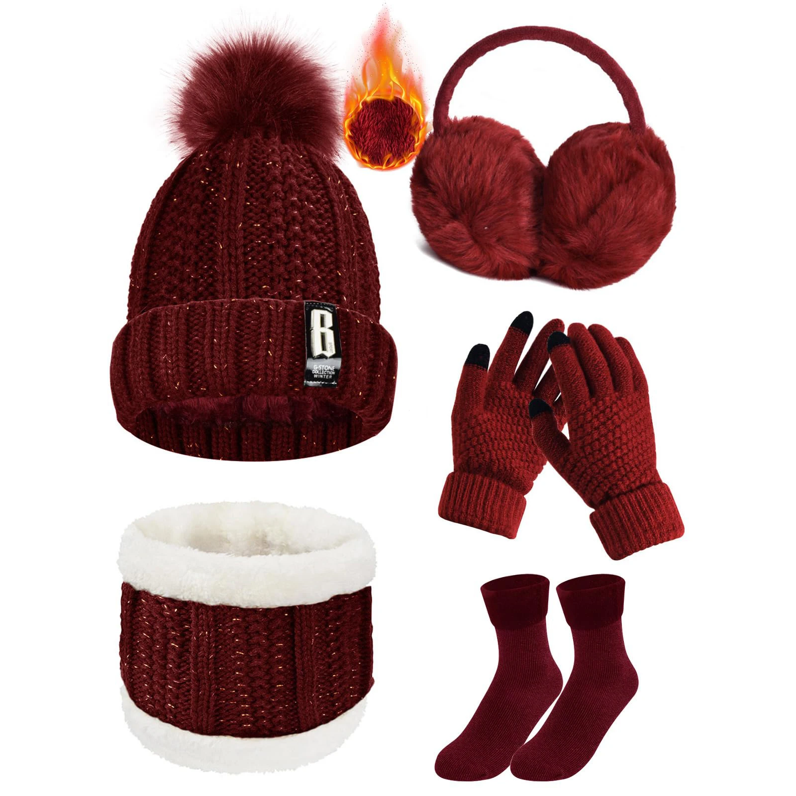 Knitted Hat and Scarf Set Touch Screen Gloves Gloves Winter Plush Earmuffs Thermal Socks 5pcs For Skiing Outdoor Sports