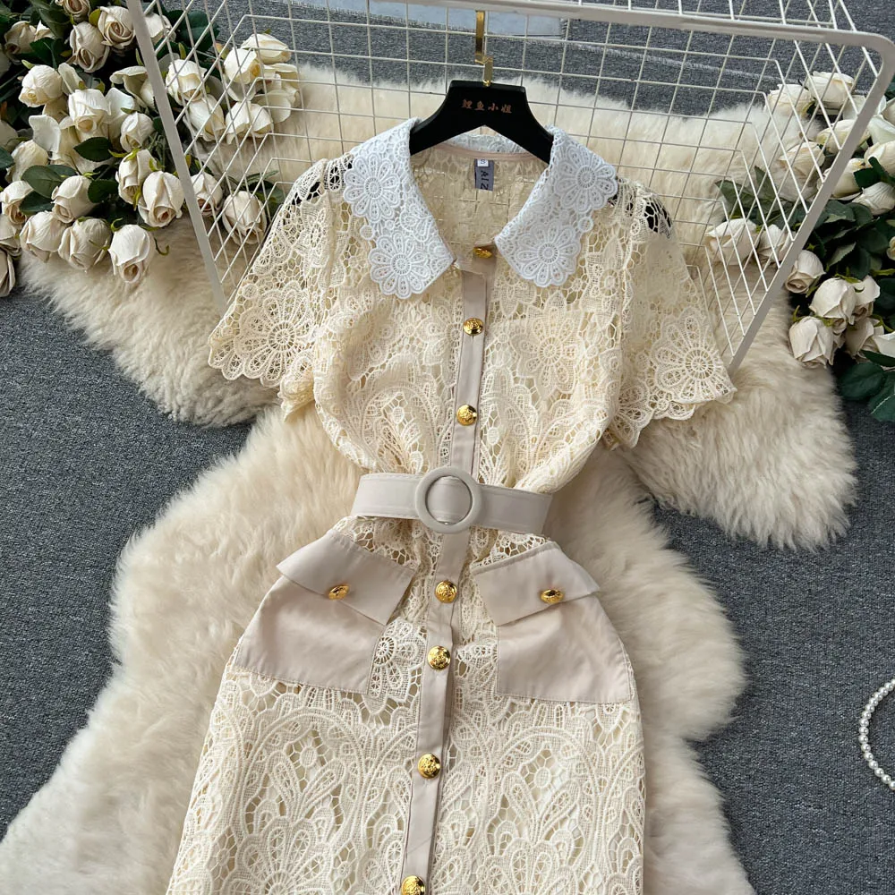 Sexy Chic lace Embroidery Turn-down Collar Dress vintage Elegant Korean Fashion Party Basic Slim Summer dresses