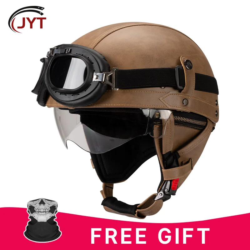 

Retro Motorcycle Helmet PU Leather Moto Helmets Men Women Half Helmet HD Lens Four Seasons Riding Scooter Capacete DOT Approved