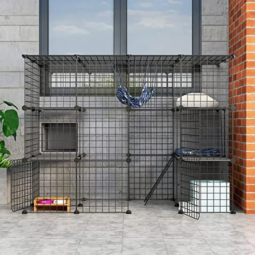 Outdoor Cat House Cages Enclosure with Super Large Enter Door Balcony Playpen Platforms DIY Kennels Robust Metal Frame Structure