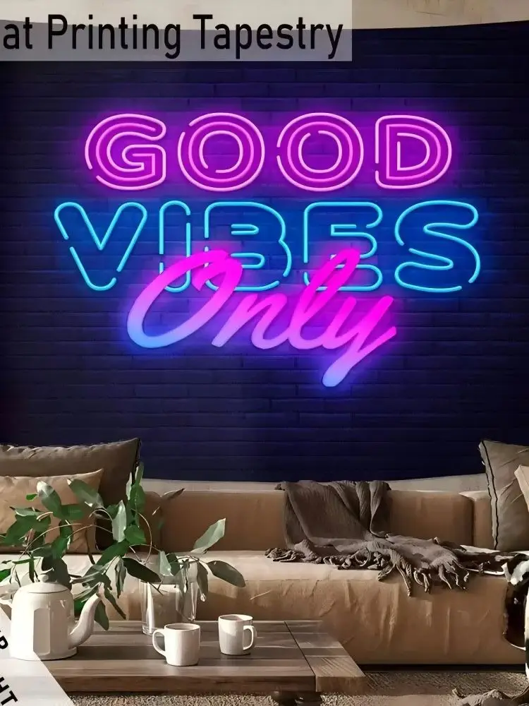 VIKAMA "GOOD VIBES ONLY" Neon-Wandteppich mit Cyberpunk-Print, Gemütliche Schlafzimmer- und Wohnheim-Hintergrunddekoration – Detail 3