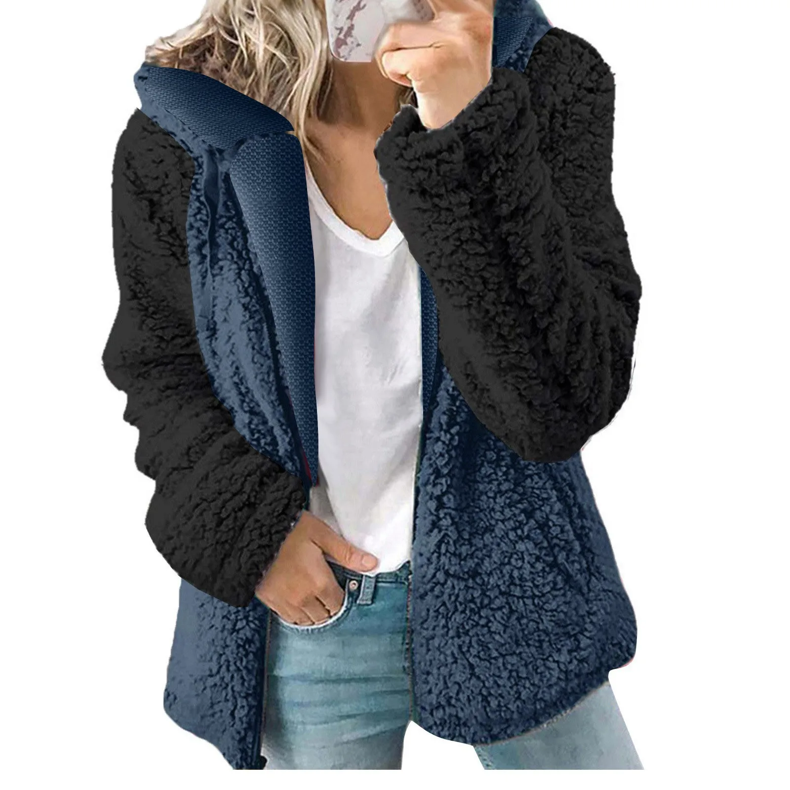 

Women'S Fashion Plush Zipper Long Sleeve Stitching Warm Sweater Tops Coat Winter Autumn Winter New Fashion Simple Clothing