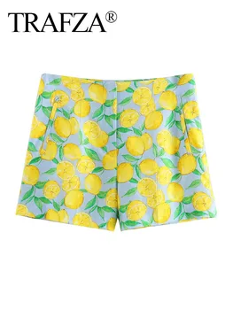 TRAFZA 2024 Women Yellow Lemon Print Casual Shorts Y2k Woman Fashion Summer High Waist Zipper Slim Shorts For Beach Party 2