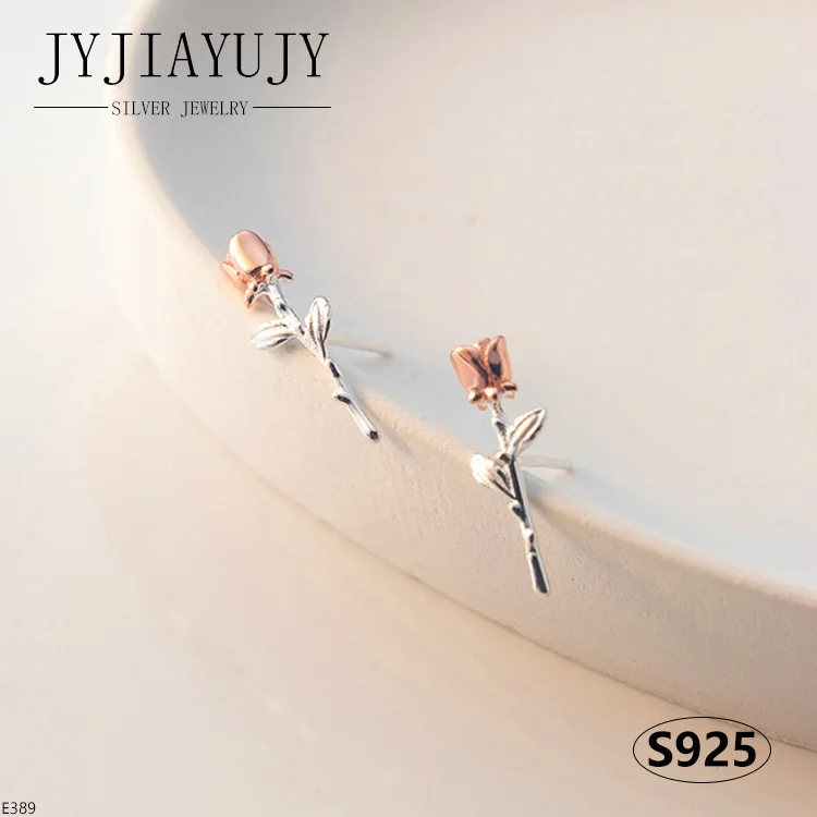 JYJIAYUJY 100% Sterling Silver S925 Stud Earrings Cute Rose Flower Shape Fashion Trendy Hypoallergenic Jewelry Gift E389