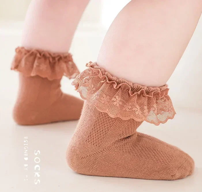 Korean Baby Ruffle Socks Solid Color Cotton Breathable Mesh Socks for Baby Girls Newborn Infant Toddler Kids Socks 0-8years Old