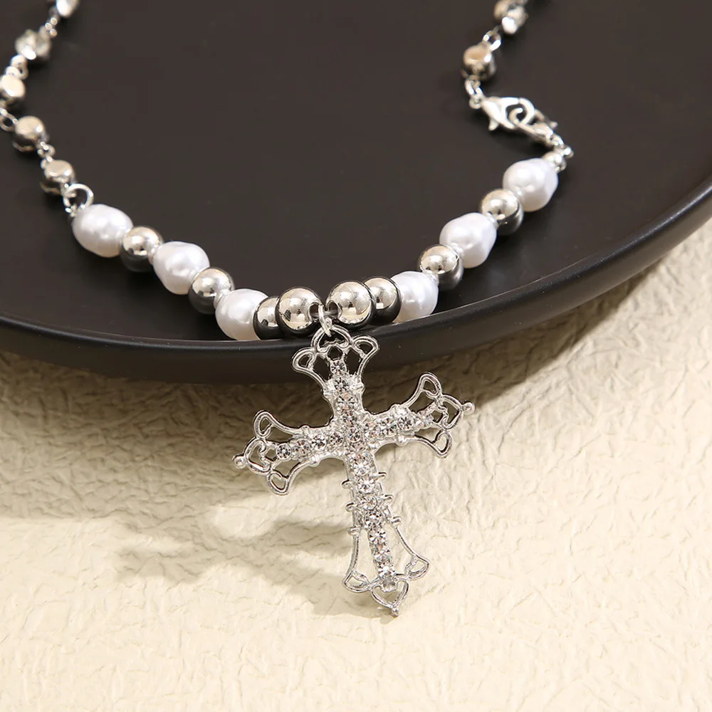 2025 Y2K Pearl Cross Pendant Necklace Hip Hop Retro Women Religious Zircon Chain Necklaces Girls Punk Party Trendy Jewelry Gifts