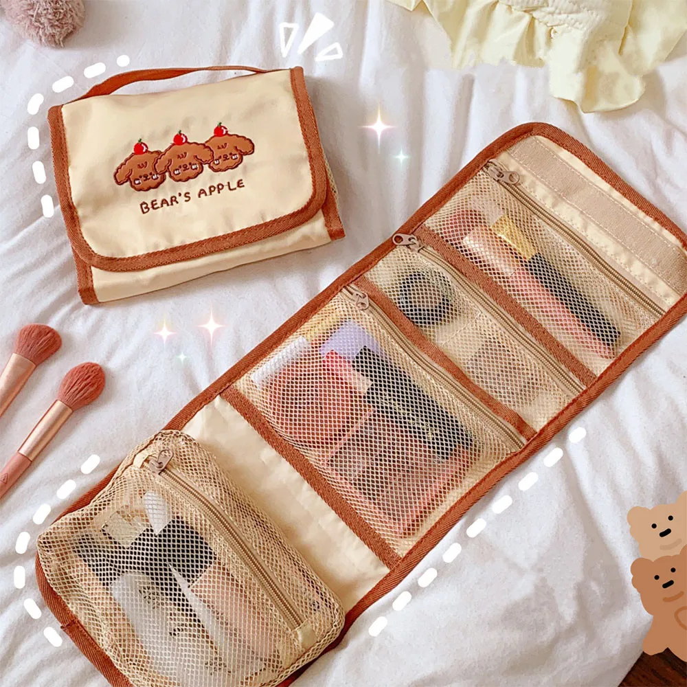 Women's Cosmetic Bag Folding Nylon Cute Bear Mesh Detachable Japanese Makeup Storage Bag Pouch PortableTravel Organizer Hanging