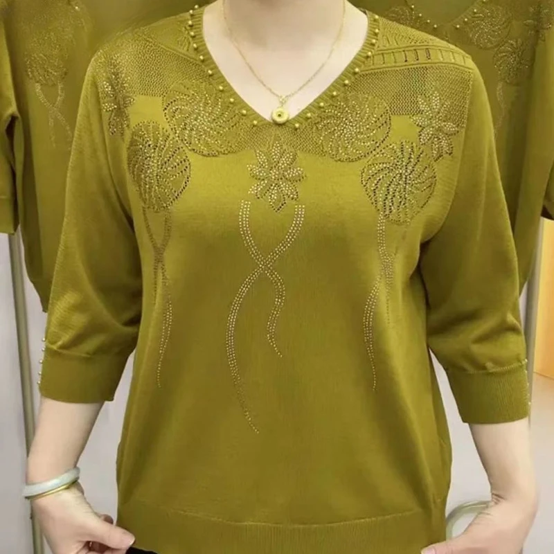 

Женская трикотажная футболка с V-образным вырезом, рукавом три четверти