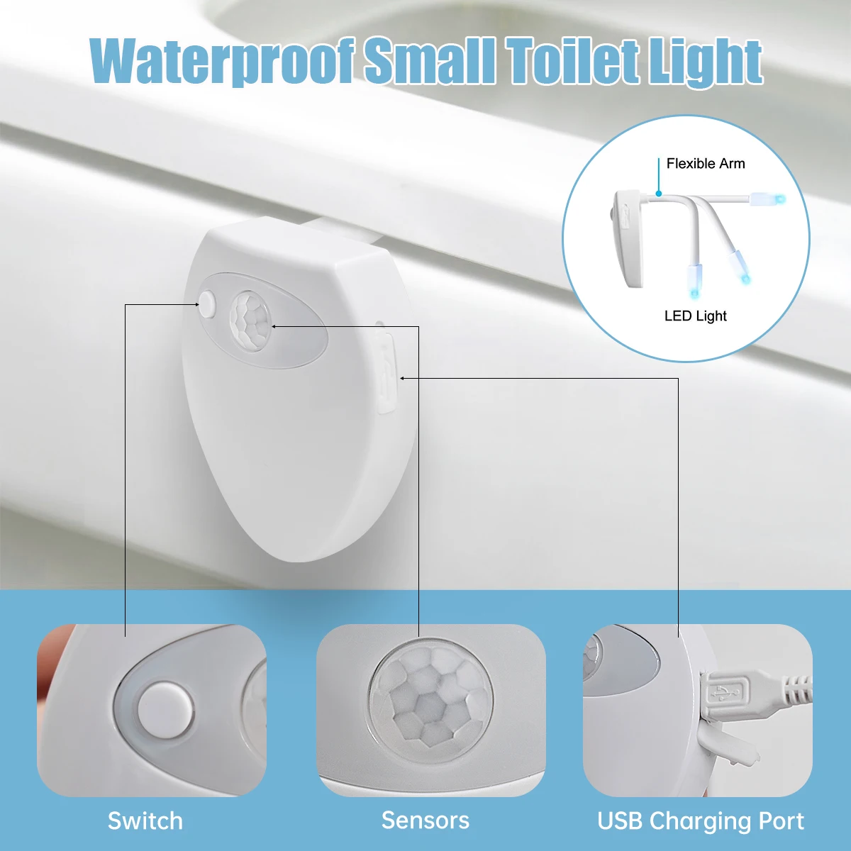 Color Changing Toilet Night Light Motion Sensor LED USB Charging Washroom Smart Light