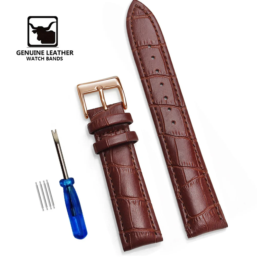 Classic Genuine Leather Watch Band with Soft Cowhide Strap and Adjustable Sizing Plus Tool