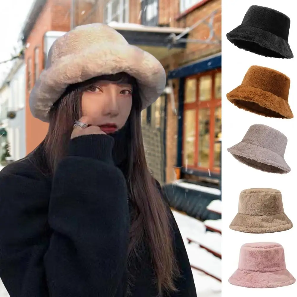 

Plush Bucket Hat Cozy Plush Hat Imitation Rabbit Fur Fisherman Hats for Women Warm Winter Bucket Hat with Wide Brim Streetwear