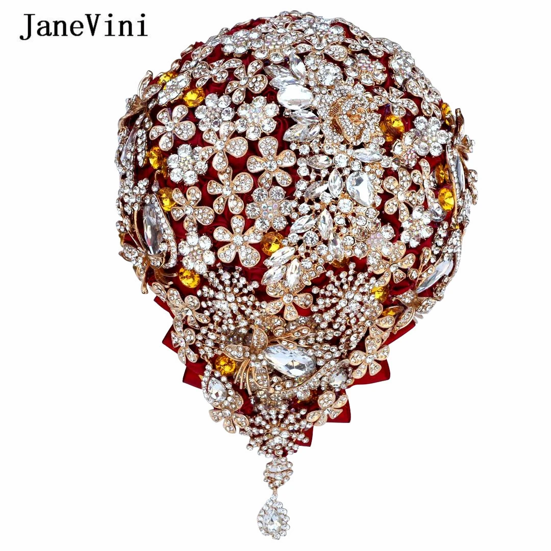 

JaneVini Luxury Diamond Red Flowers Waterfall Bridal Bouquets Handmade Satin Roses Crystal Wedding Brooch Bouquet Ramos De Novia
