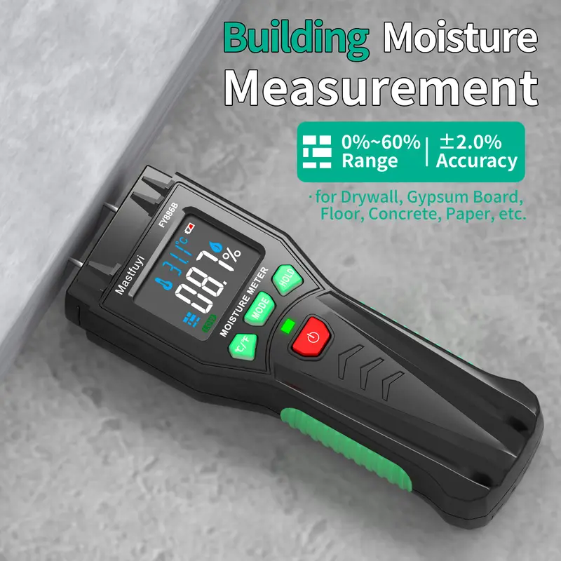 MASTFUYI Universal Wood & Building Moisture Meter 0-60% Range with Color LED Alert for Hardwood Softwood Drywall Concrete Lumber - Image 2