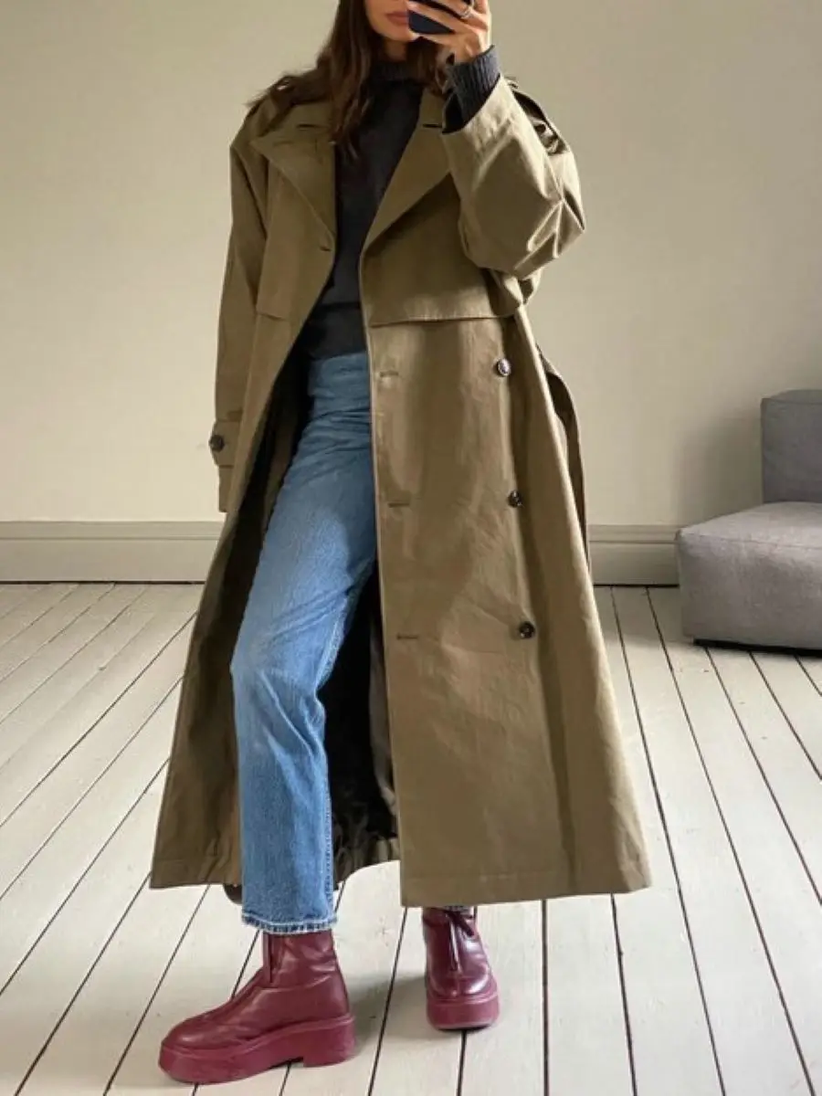 

Women Jacket Double Breasted Turn-Down Collar Long Sleeve Loose Coat with Belt