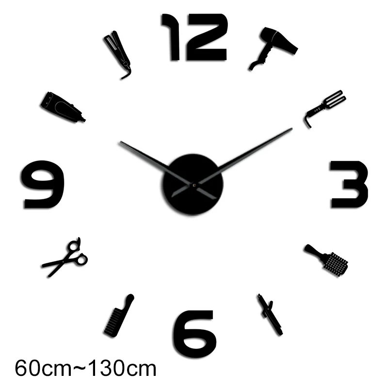 Barber Shop Giant DIY Wall Clock Modern Design Barbershop Decoration 3D DIY Wall Mirror sticker Hair Stylist Hairdresser Gift 