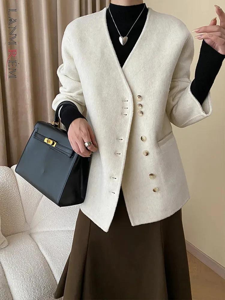 

LANMREM V-neck Double Sided Wool Coat Office Lady Long Sleeves Single Breasted Chic Style High End Top Clothes Winter 2DA2075