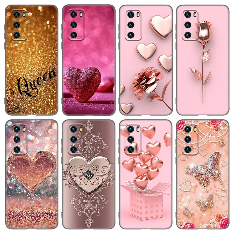 Love Rose Gold Style Phone Case For Huawei P50 P40 P30 P20 P10 P9 P8 Lite 2017 P Smart Z S Pro 2021 2020 2019 2018 Black Cover |