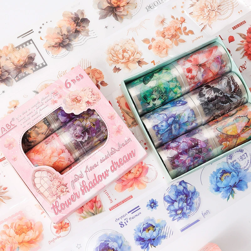 6Pcs Vintage Transparent Waterproof Flower Tape Set Creative DIY Decorative Masking Tapes Hand Account Photo Album Tape Gifts