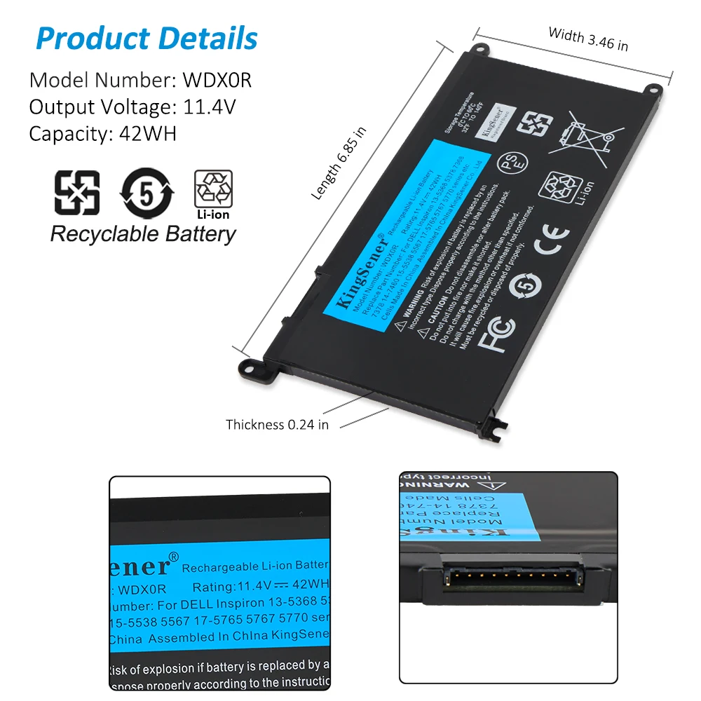 Bateria do Portátil de Kingsener Wdxor para Dell Inspiron 13 5379 5378 7368 14 7560 7460 5567 145770 14-5468 14-5471 143480 3180 Wdx0r - Imagem 3