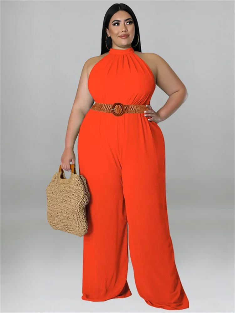 Wmstar Plus Size Women Jumpsuit with Belt Summer Clothes Solid Sleeveless Wide Leg Office Lady Bodysuit Wholesale Dropshipping