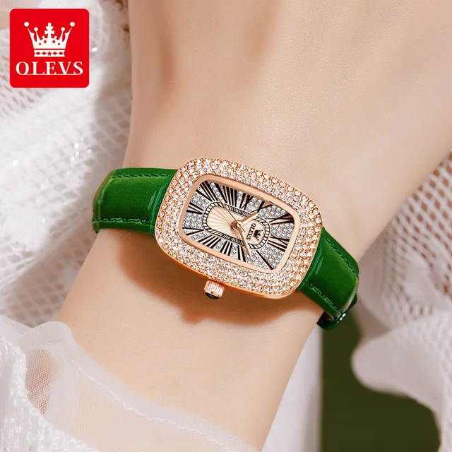 OLEVS 2022 New Ladies Quartz Watch Luxury Full Diamond Dial Waterproof Green Leather Strap Fashion Quartz Women's Watch 3