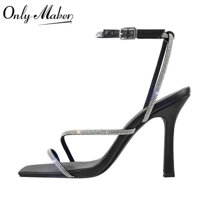 

Onlymaker Women Peep Toe Sandals Ankle Rhinestone Strap High Heel Elegant Black Party Dress Sandals