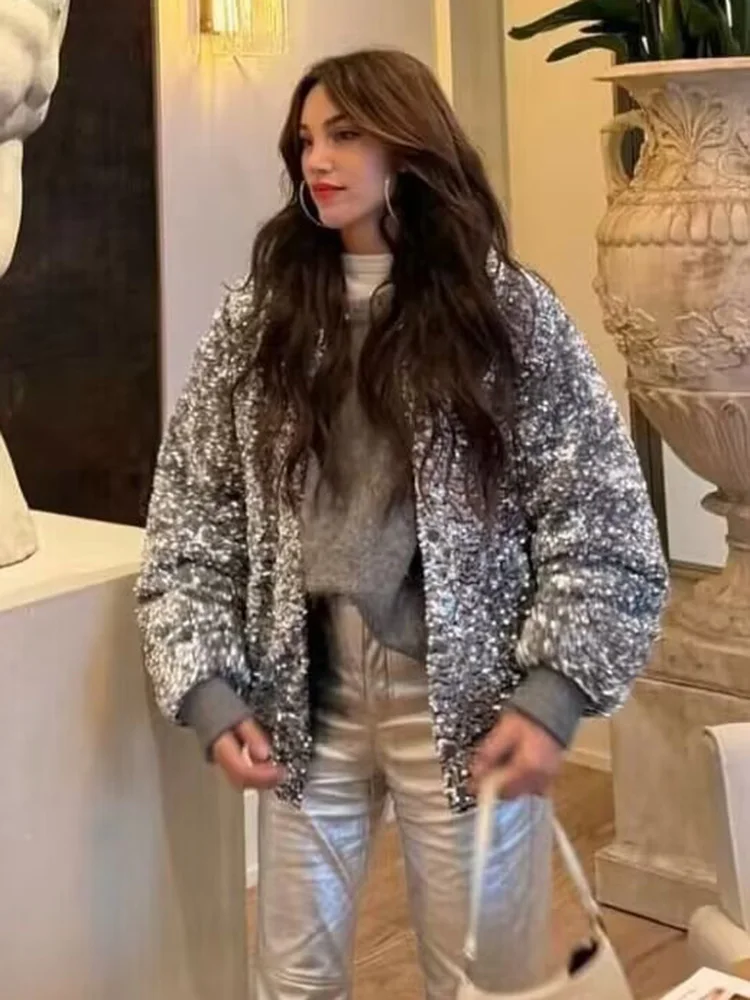 HH TRAF Fashion Sliver Sequins Bomber Jackets for Woman Long Sleeve Loose Sparkly Jacket with Pockets Female Fall Street Outwear