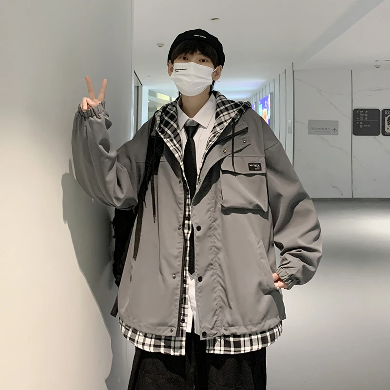 Men Fake-2-piece Deisgn Autumn Windbreaker Oversize Windshield Jacket Male Coat Hiking Sporty Camping Jackets Work Wear Clothes