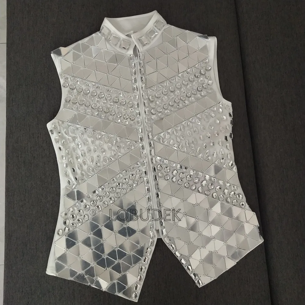 Bar Male Singer Rhinestones Mirror Waistcoat Slim Vest Nightclub Dance Costume Red Black Blue White michael jackson cosplay outfit