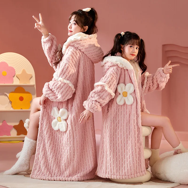 Kids Coral Velvet Bathrobe Baby Girls Cartoon Fleece Pajamas