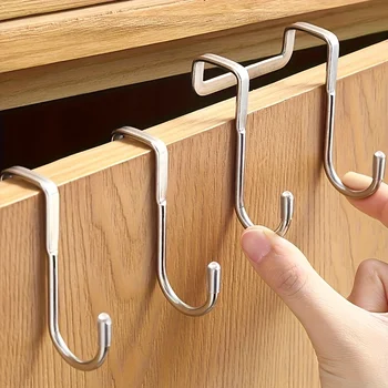 ตะขอคู่รูปตัว S - ไม่ต้องเจาะตะขอแขวนเสื้อ เหมาะสำหรับห้องครัว ห้องน้ำ ด้านหลังประตูตู้ และหอพัก 1