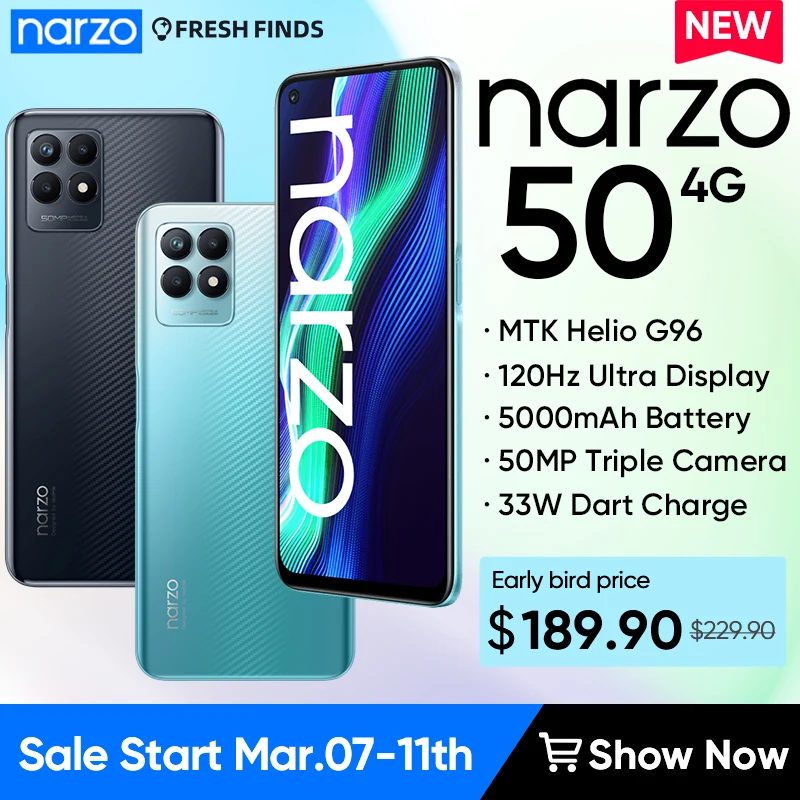 [Мировая премьера] Смартфон realme Narzo 50 Helio G96 Телефон на базе Android Дисплей 120 Гц