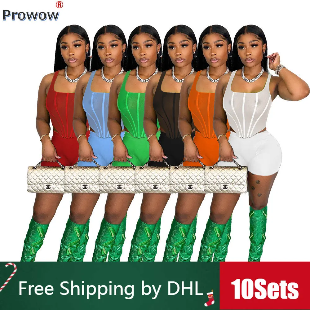 

10 Sets Bulk Women Short Sets Sexy Sleeveless Gauze Camisole 2023 Summer Solid Bright Line Tracksuit Daily Outfit Wholesale 9222