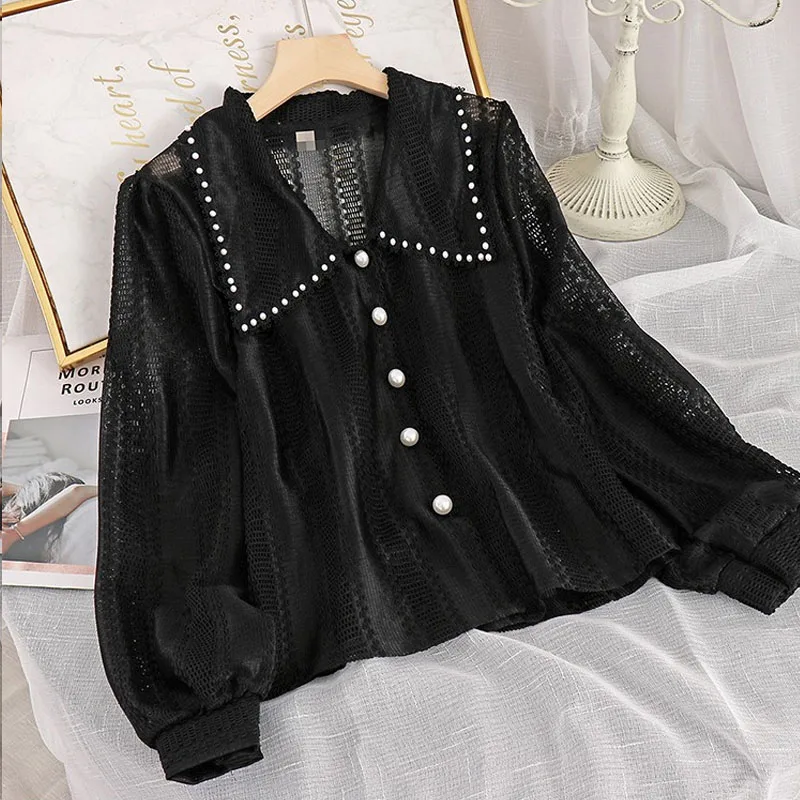 Elegant Lace Shirt Women Fashion Long Sleeve Peter Pan Collar Tops Autumn New 2025 Shirts Office Ladies Hollow Out Blouse 14562