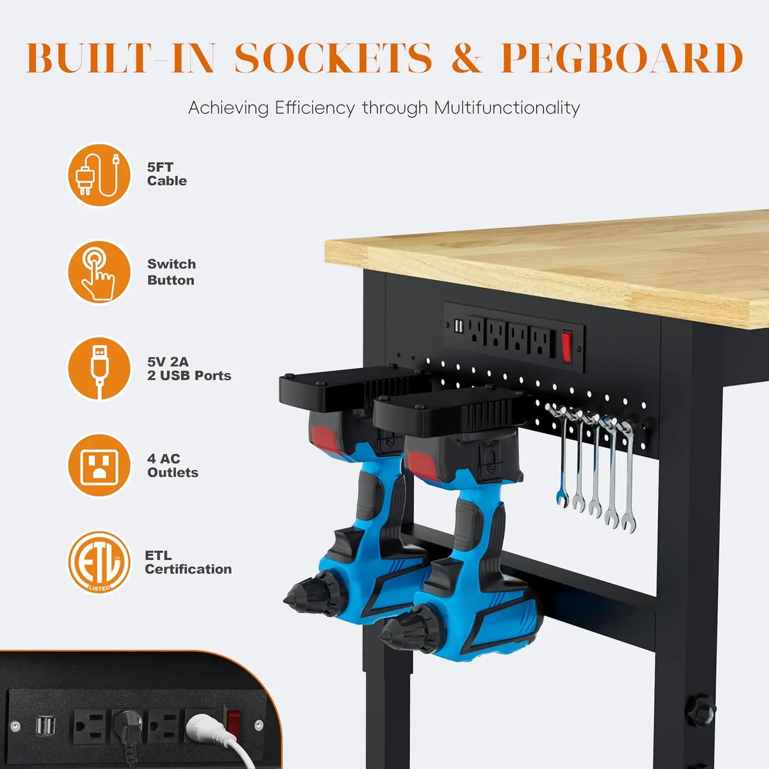 48" Heavy Duty Adjustable Workbench with Large Pegboard Adjustable Work Table with Power Outlets & Lockable Wheels