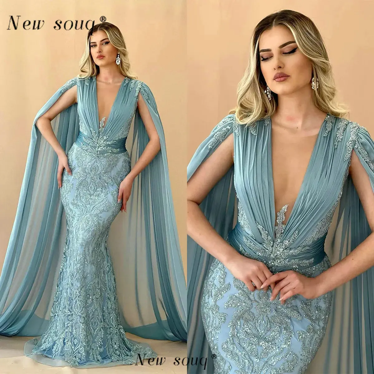 Tasneem Deep V Gown - Sea Glass