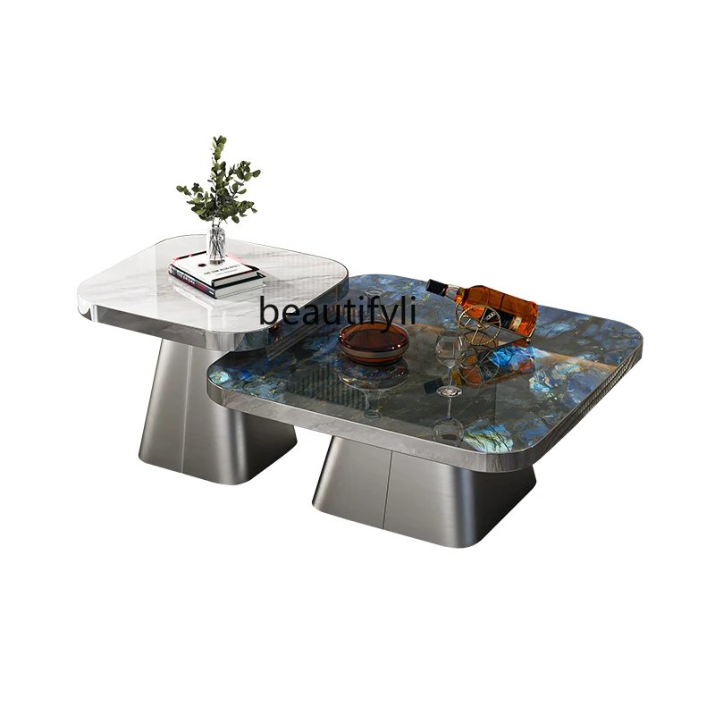 

Natural Marble Coffee Table Square Italian Light Luxury Microlite Tea Table Living Room Home Combination