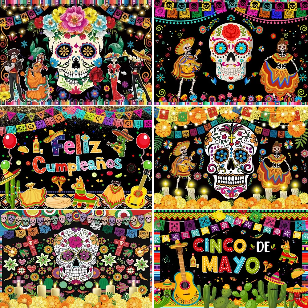 Mexikanischer tag des toten themas mexikanischer fiesta hintergrund schädel kerzen tänzer dia de los muertos kaktus gitarren kaktus party requisiten