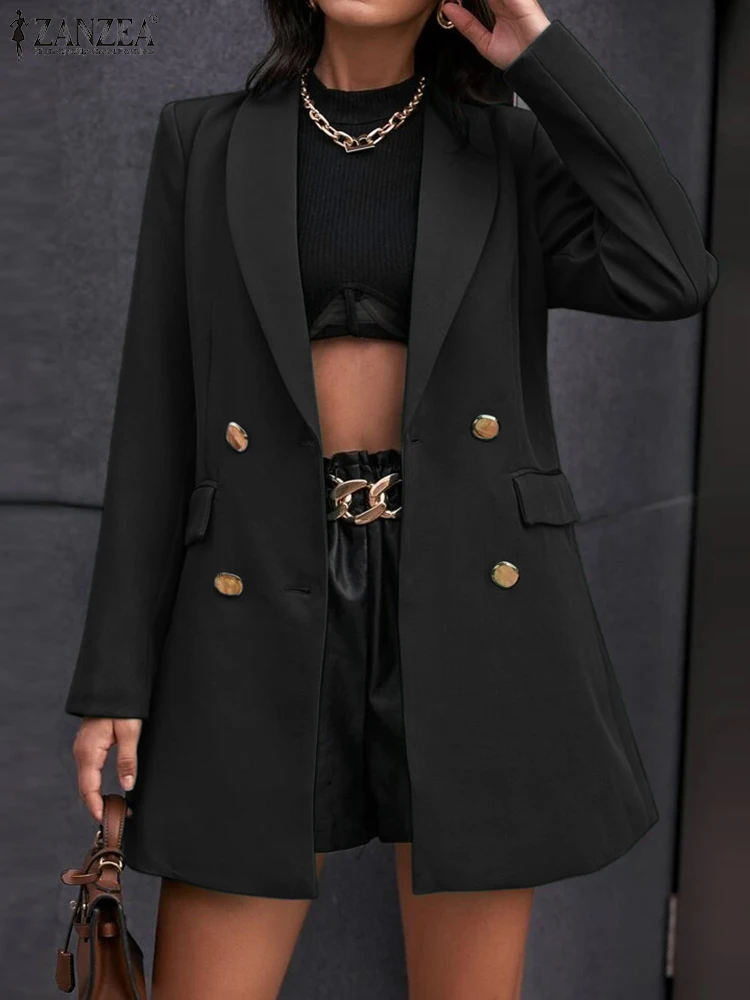 

ZANZEA Womens Lapel Collar Outerwear Elegant Long Sleeve Blazer 2023 Autumn Solid Office Jackets Casual Oversized Buttons Coat