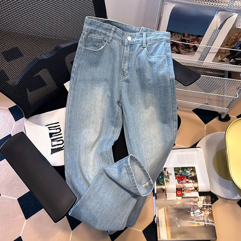 Vintage Blue Jeans for Women High Waisted Straight Boyfriend Mom Ankle-Length Pants Multiple Pockets Fashion Streetwear Pants