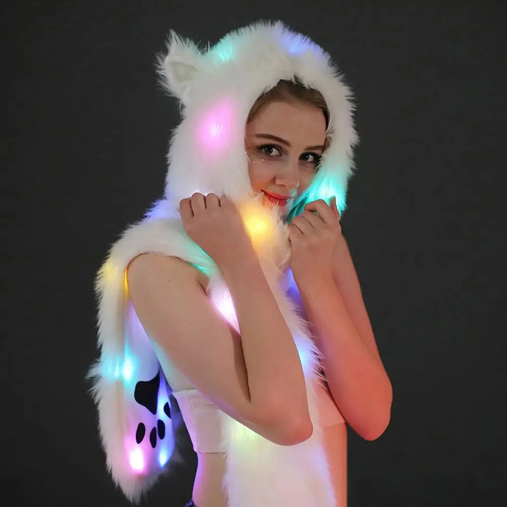 Hot Sale Women Hat Multi-color LED Scarf LED Light Up Faux Fur Animal Ears Hood With Scarf Cosplay Halloween Hats