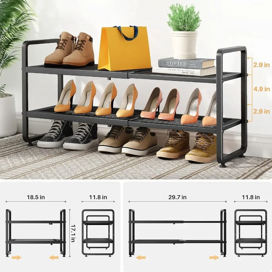 Shoe Rack Expandable Shoe Organizer for Closet Adjustable Metal Shoe Shelf Storage 2 Tier Stackable Long Shoe Stand Holder for
