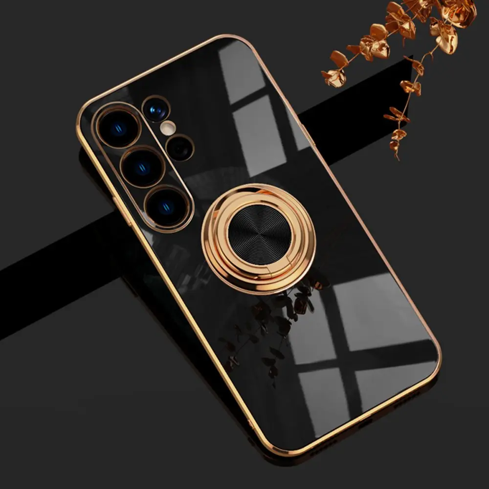 Luxurious Shockproof Silicone Case with Gold Plated Bumper and Magnetic Ring Holder